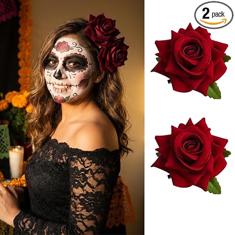 2 Pack Red Rose Flower Hair Clips Brooch Pins Halloween Costume Floral Accessories for Women Girls Day of the Dead Sugar Skull Cosplay Wedding Party Hat Decor Hair Barrettes - sugar skull makeup