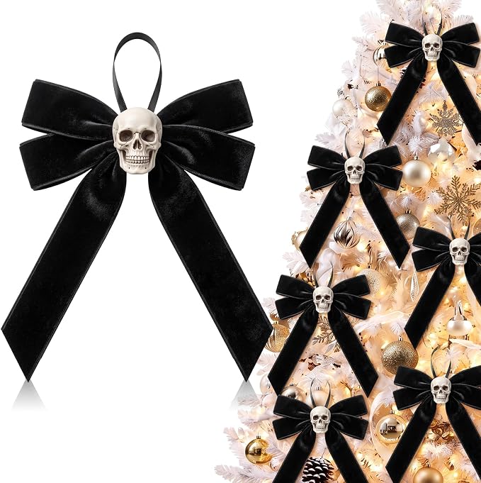 Suncalla 6 Pack Halloween Velvet Bows with Skull Halloween Tree Ornaments
