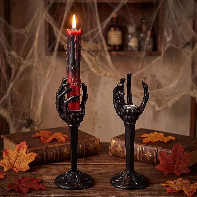 Qinyoung 2 Set Halloween Skull Taper Candle Holders Skeleton Hands, Black - skull candle