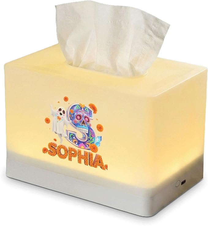 Personalized Sugar Skull Night Light Tissue Box Cover with Custom Name, Rechargeable LED Lamp for Bedroom Halloween Decor