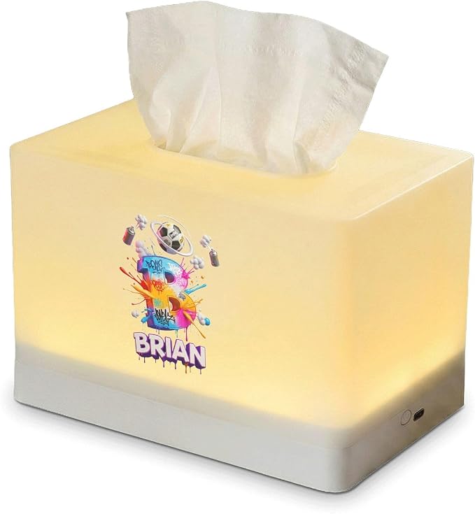 Customizable Tissue Box Cover with LED Night Light, Personalized with Name, Graffiti Skull Soccer Theme, Rechargeable Lamp for Kids Bedroom Decor