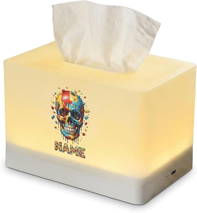 Personalized Skull Tissue Box Cover with LED Night Light, Customizable Name, USB Rechargeable Bedside Lamp for Room Decor