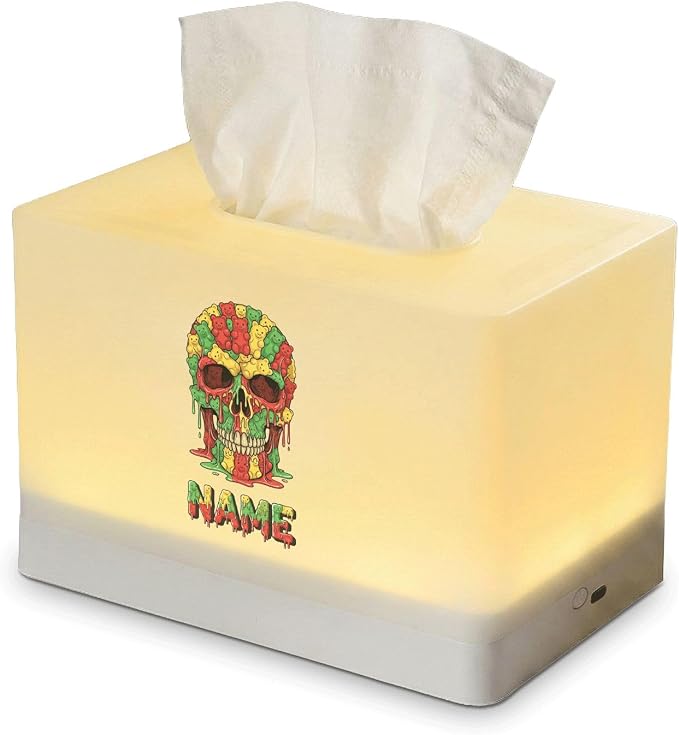 Personalized Skull Tissue Box Cover with LED Night Light, Rechargeable Custom Name Lamp, Illuminated Dispenser for Bedroom and Desk Decor