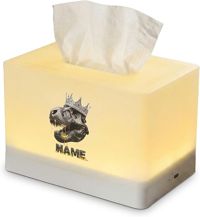 Personalized Dinosaur Tissue Box Cover with LED Night Light – Custom Name T-Rex Skull Design, Rechargeable Lamp for Bedroom Decor