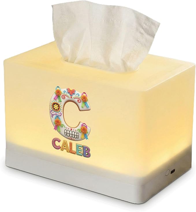 Personalized Sugar Skull Letter Tissue Box Cover, Rechargeable LED Night Light, Custom Name Bedroom Decor