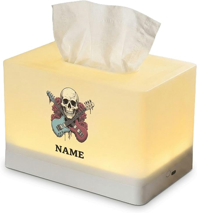 Personalized Skull Guitar Tissue Box Cover with LED Night Light, Customizable Name Rock and Roll Decor, Rechargeable Lamp for Bedroom