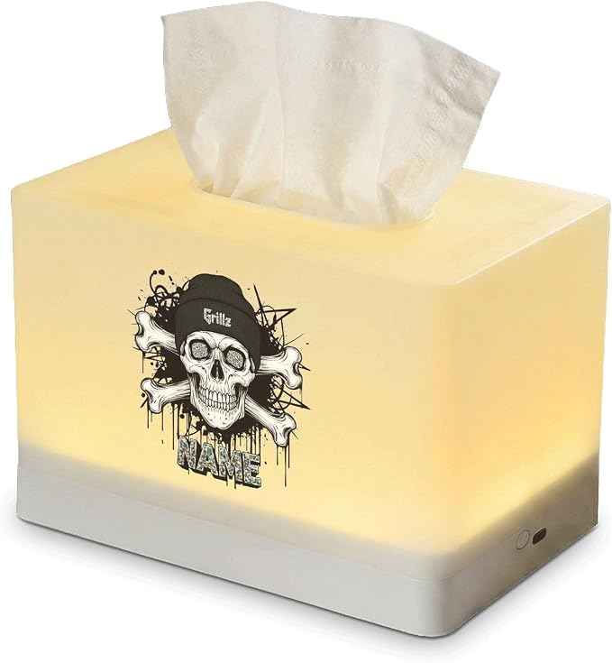 Personalized Skull Tissue Box Cover with LED Night Light, Custom Name Graffiti Decor, Rechargeable Illuminated Tissue Dispenser for Bedroom Nightstand