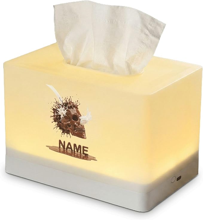 Personalized Tissue Box Cover with LED Night Light, Rechargeable Chocolate Skull Lamp Dispenser for Bedroom, Custom Name Home Decor