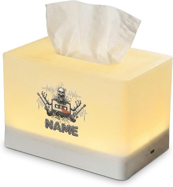 Personalized Rock Music Tissue Box Cover with LED Night Light, Custom Name Skull Guitar Graphic, Rechargeable Dispenser