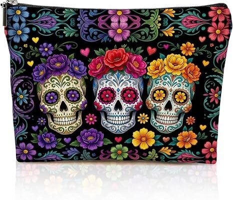 Floral Skull Makeup Bag Mexican Sugar Skull Cosmetic Bags Makeup Pouch