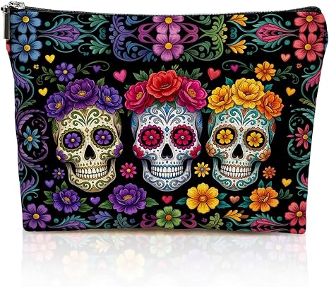 Floral Skull Makeup Bag Mexican Sugar Skull Cosmetic Bags Makeup Pouch