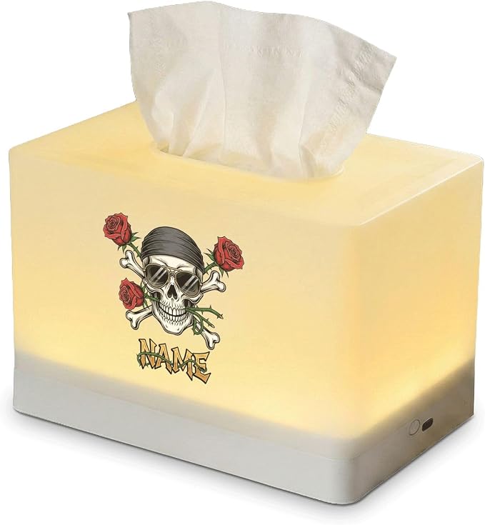 Personalized Skull Roses Tissue Box Cover with Rechargeable LED Night Light, Custom Name Biker Decor for Bedroom