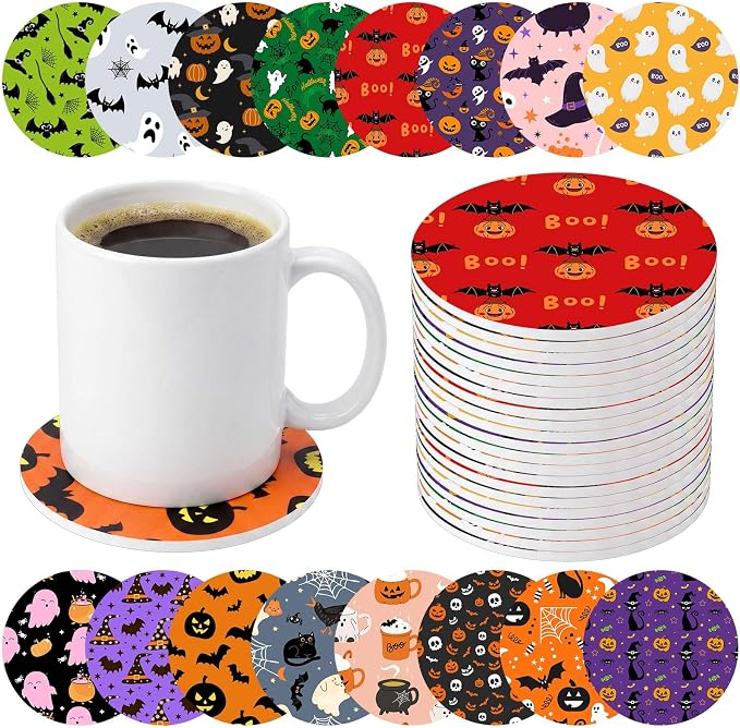 Blushtier 16 Pcs Halloween Coasters Bulk 4 Inch Round Ghost Pumpkin Coaster - skull coaster