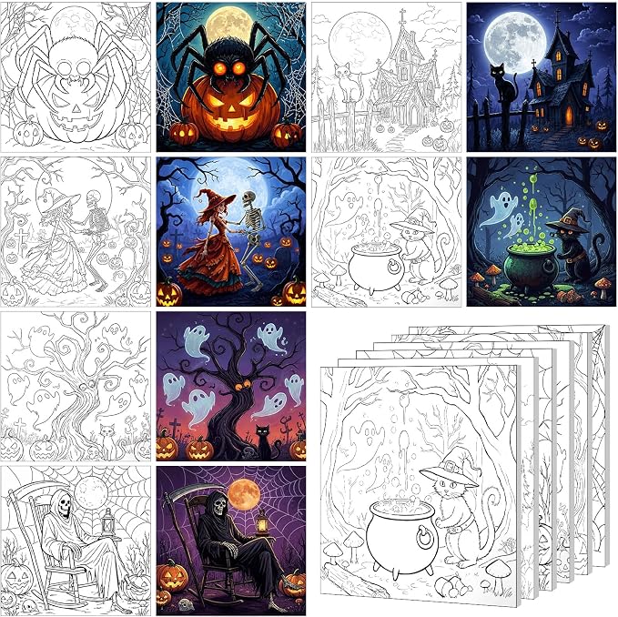 Honoson 6 Pcs 6 Inch Pre Drawn Canvas Paint Kit, Halloween
