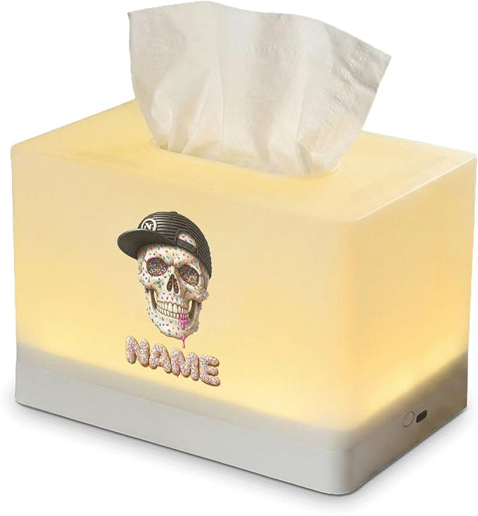 Custom Name Candy Skull Tissue Box Cover with LED Night Light, Rechargeable Tissue Dispenser for Bedroom, Desk, and Office Decor