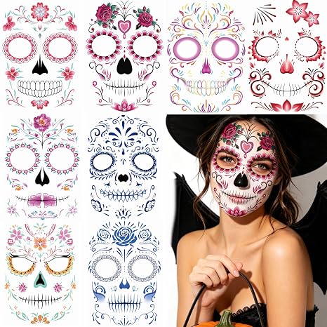 Dia de Muertos Face Tattoos, 8 Sheets Floral Sugar Skull Temporary Tattoos for Day of the Dead Halloween Party Makeup, Women Men Teens - sugar skull makeup