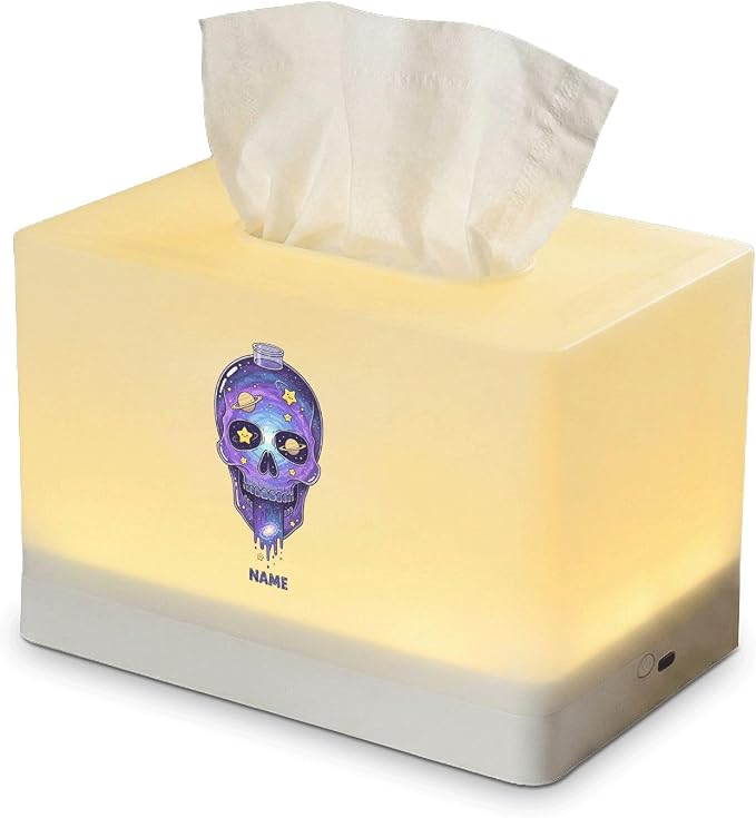 Personalized Galaxy Skull Tissue Box Cover with LED Night Light, Custom Name Rechargeable Lamp for Bedroom Desk Decor