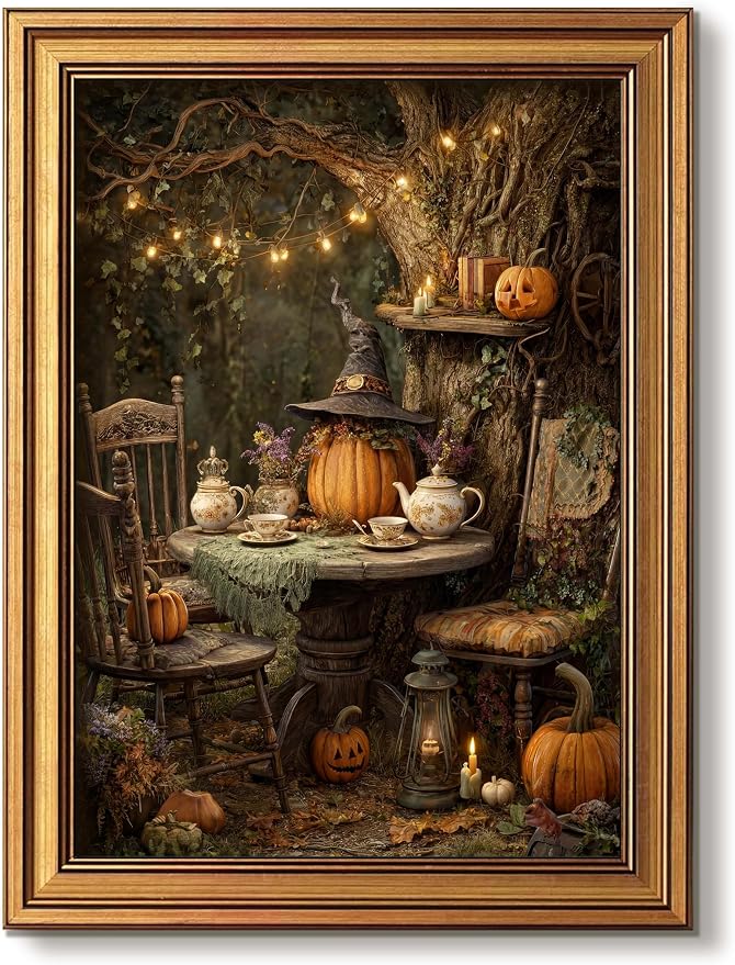 Vintage Gold Framed Halloween Wall Art Horror Fall Pumpkin Prints 12x16 In - skull wall art