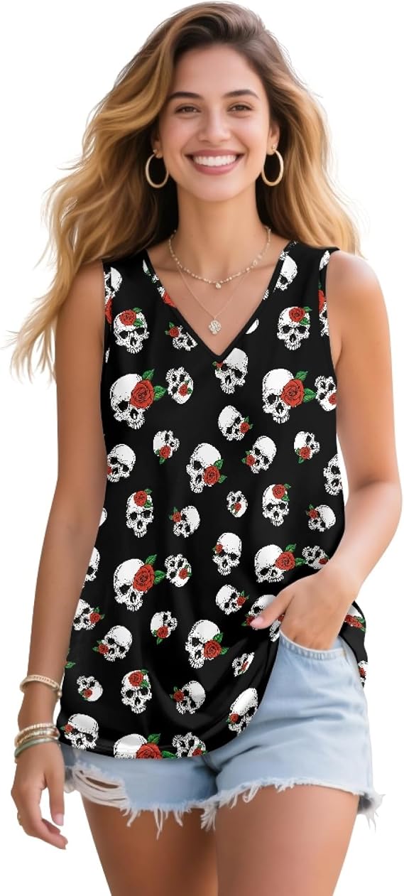 Tank Top Women V Neck Sleeveless Hawaii Beach Running Athletic Loose Fit Tank Top for Plus Size Women - skull tank tops