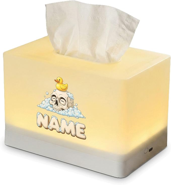 Personalized Tissue Box Cover with Rechargeable LED Night Light, Custom Name Lamp with Bathing Skull and Duck Graphic for Bedroom Decor