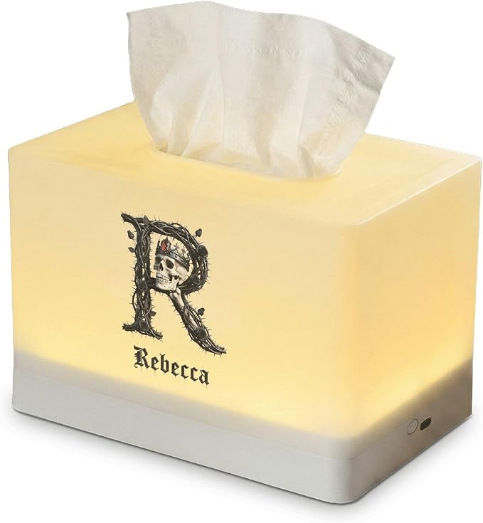 Custom Name Skull Initial Tissue Box Cover with LED Night Light, Rechargeable Light Up Tissue Dispenser for Desk Bedroom - skull lamp