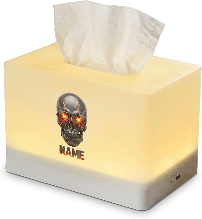 Personalized Skull Tissue Box Cover with LED Night Light, Rechargeable Custom Name Dispenser for Bedroom, Game Room Decor
