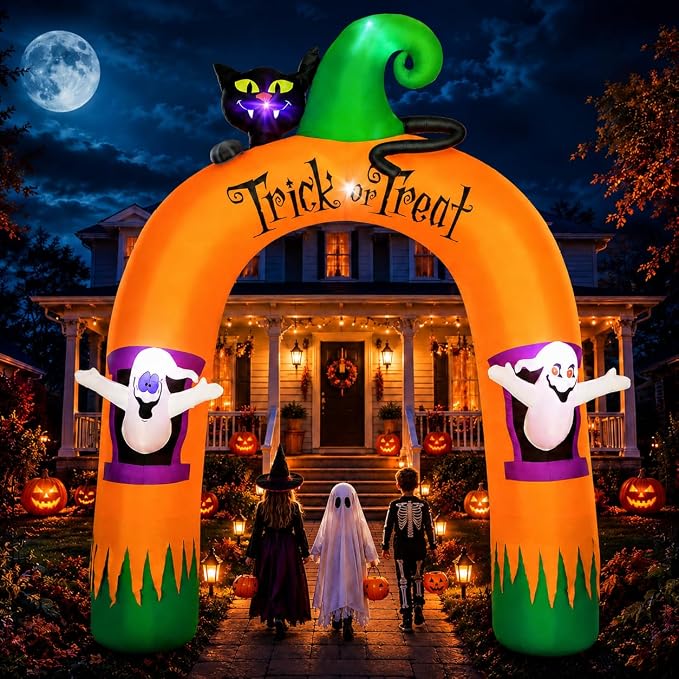 10FT Large 7 LED Halloween Inflatable Archway Black Cat Ghosts Yard Decor - skull inflatable
