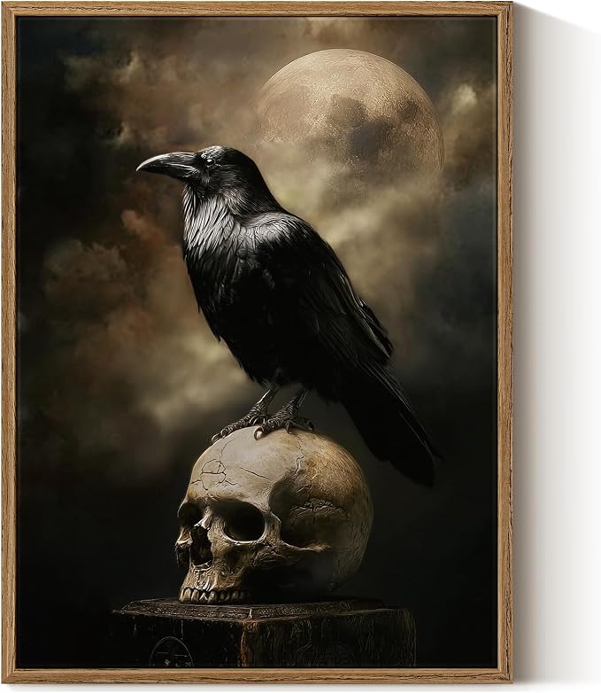 Vintag Raven and Skull Wall Art Framed Canvas Print 12"x16" Halloween Decor - skull wall art