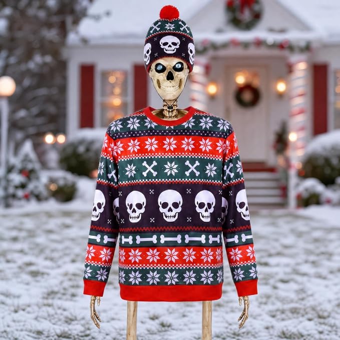 Soulchen 2 Pcs 12ft Skeleton Christmas Outfits Set, Ugly Sweater Hat - skeleton