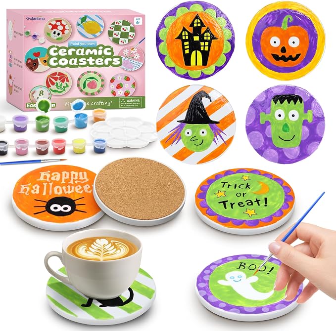 goldentime 8 Pack Ceramic Coasters Painting Kit for Adults and Kids, Paint Your Own Glazed Ceramic Tiles with Cork Backing, Ready to Paint Ceramics for Halloween & Christmas All Occasions Gifts - skull coaster