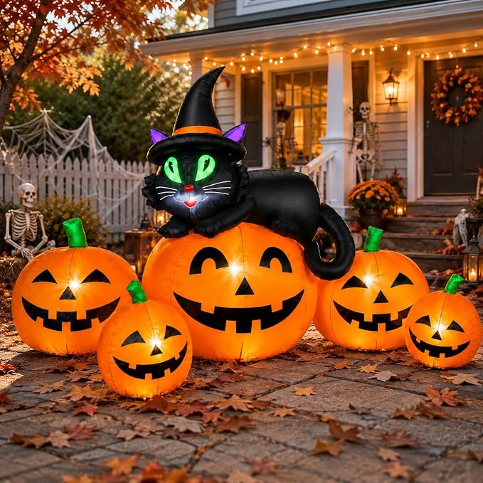 5FT 6 LED Halloween Inflatable Pumpkins Witch Black Cat Outdoor Yard Decor - skull inflatable