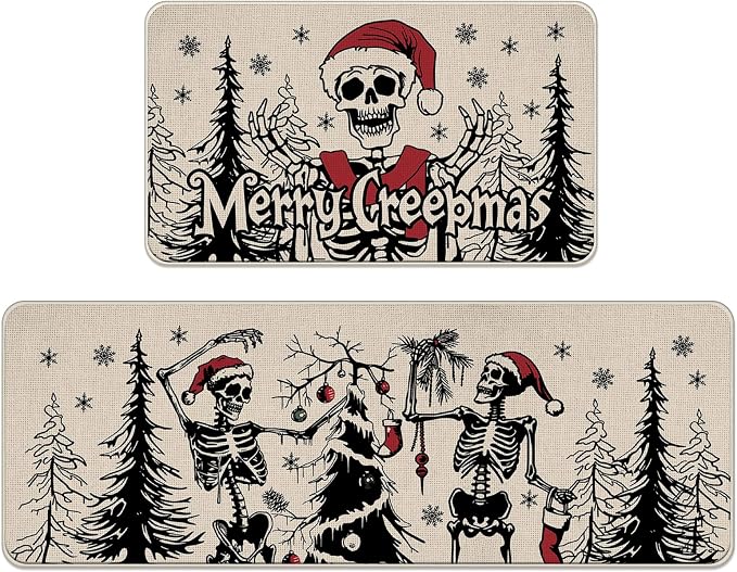 Merry Creepmas Kitchen Rugs Set of 2, Goth Skeleton Christmas Mat - skeleton