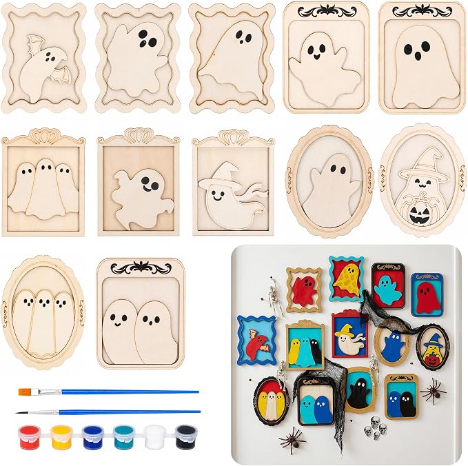 12 Pack Halloween DIY Wooden Ghost Frame Craft, Ghost Wood Painting Crafts