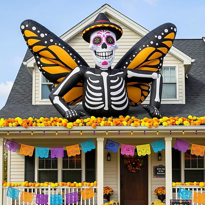 7FT Halloween Inflatable Skeleton with Monarch Butterfly Wings for Decor - skull inflatable