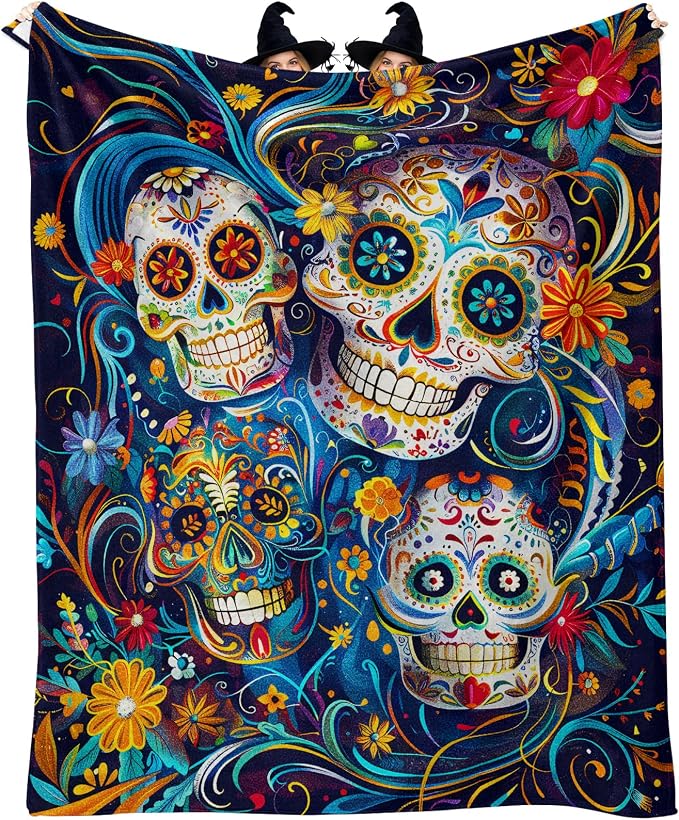 Halloween Throw Blanket for Couch Bed Sugar Skull Floral Gothic Blanket Day of The Dead Skeleton Throw Cute Horror Themed Silk Touch Plush Blanket for Women Girls Sofa Decor - skull blanket