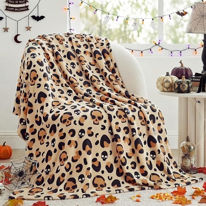 FuWeave Halloween Throw Blanket Leopard Skull Flannel Blanket