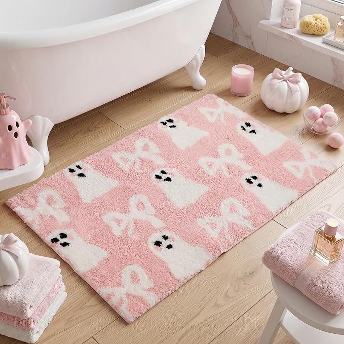 Pink Halloween Bathroom Rug, Cute Ghost Bow Bath Mat, 19.7″ x 31.5″