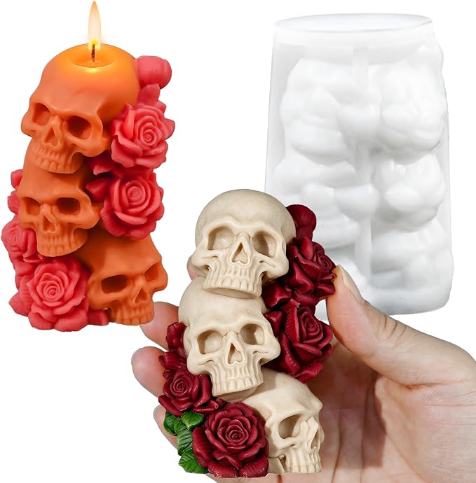 Halloween Candle Mold, 3 Layer Columnar Rose Skull Candle Mold - skull candle