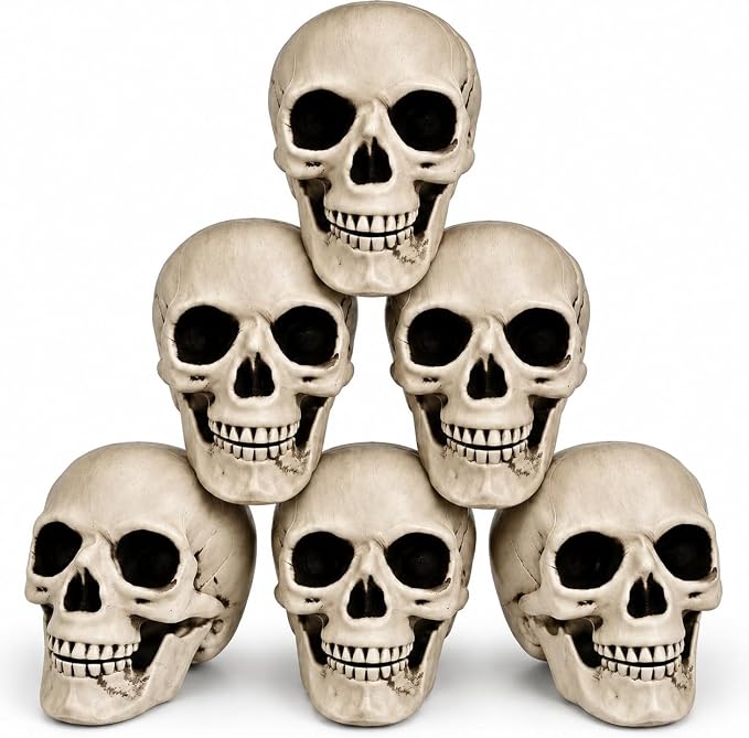 5 Inch Small Plastic Skulls Halloween Decor, Realistic Mini Skull Heads for Crafts, Haunted House Props, Party Tabletop & Outdoor Halloween Decorations (6) - skull carpet