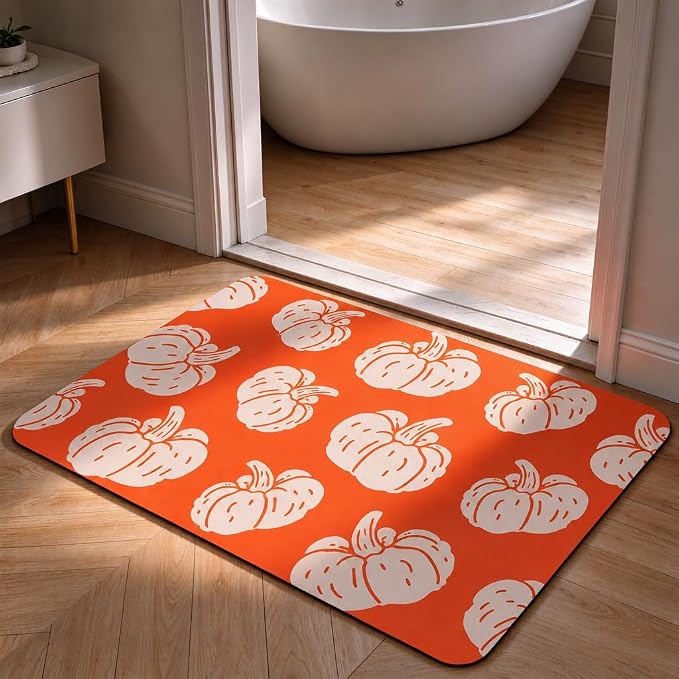 Alipis Fall Orange Pumpkin Bathroom Mat, 39x75cm Halloween Autumn Bath Mat - skull toilet mat