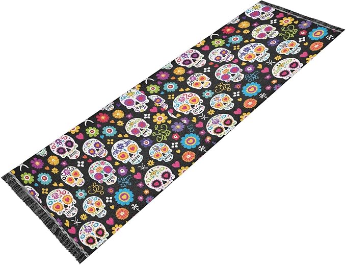 Mexican Sugar Skull Flower Hallway Runner Rug 2'x6' Washable Rugs with Rubber Backing Soft Non-Slip Floor Carpet Runner for Bedroom, Kitchen, Laundry, Entryway - skull carpet