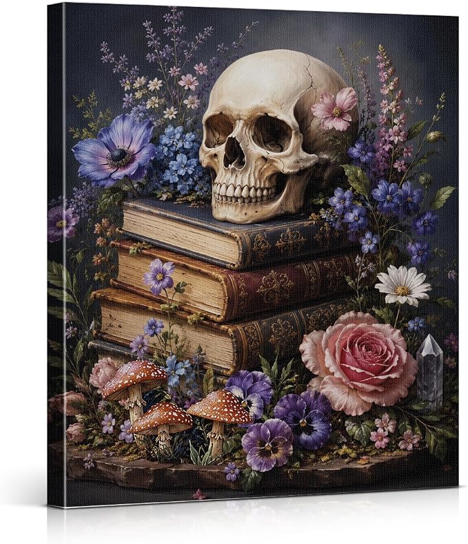 XIPLUM Gothic Skeleton Canvas Wall Art Vintage Skull Book Floral Wall Decor - skull wall art