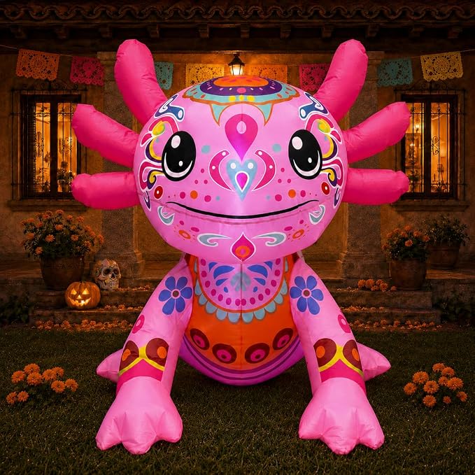 4FT Halloween Inflatable Axolotl Decorations,Day of the Dead Blow Up Decor - skull inflatable