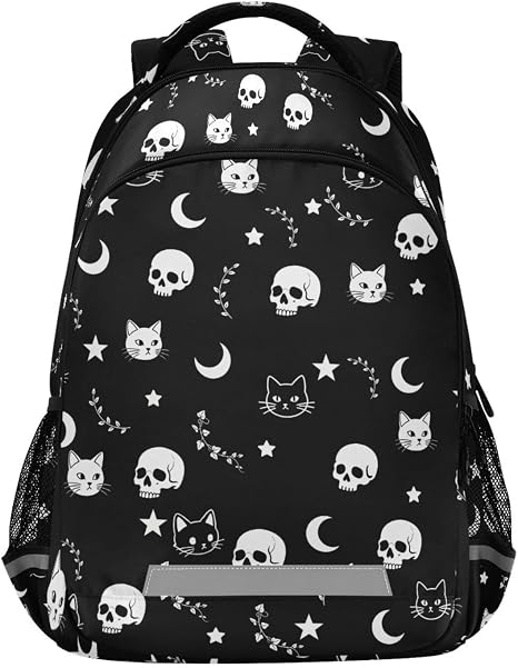 Skull Cat Moon Gothic School Backpack for Boys Girls,Reflective Bookbag with Multi-Pockets - skull backpack