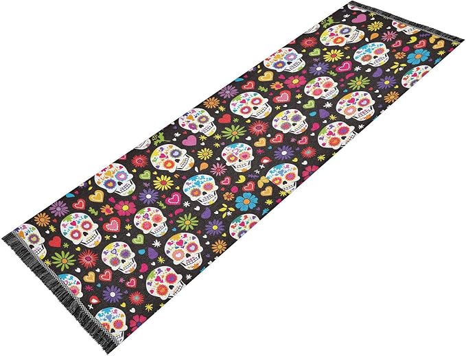 Sugar Skull Mexican Flowers Hallway Runner Rug 2'x6' Washable Rugs with Rubber Backing Soft Non-Slip Floor Carpet Runner for Bedroom, Kitchen, Laundry, Entryway - skull carpet