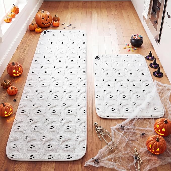 Halloween Kitchen Rugs Set of 2 Ghost Kitchen Mats - skull carpet