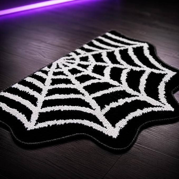 Halloween Spider Web Rug, Spider Web Floor Mat, Black and White - skull toilet mat