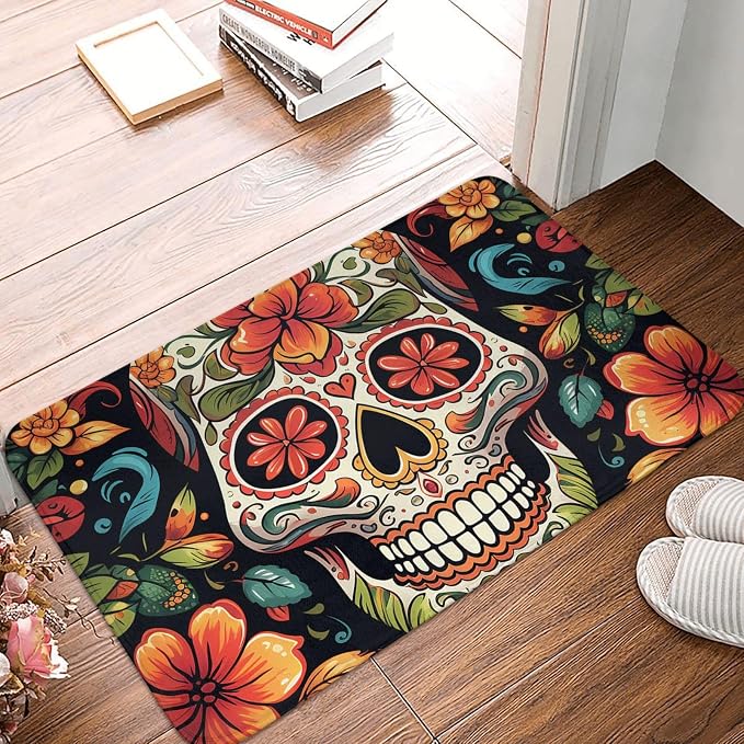 Door Mat Non Slip Rubber Welcome Mat Washable Front Door Mat Colorful Sugar Skull Doormat Kitchen Rugs Outdoor Indoor Entryway Floor Mat Entrance Mats for Home Porch Garden Kitchen 16x24 Inch - skull floor mat