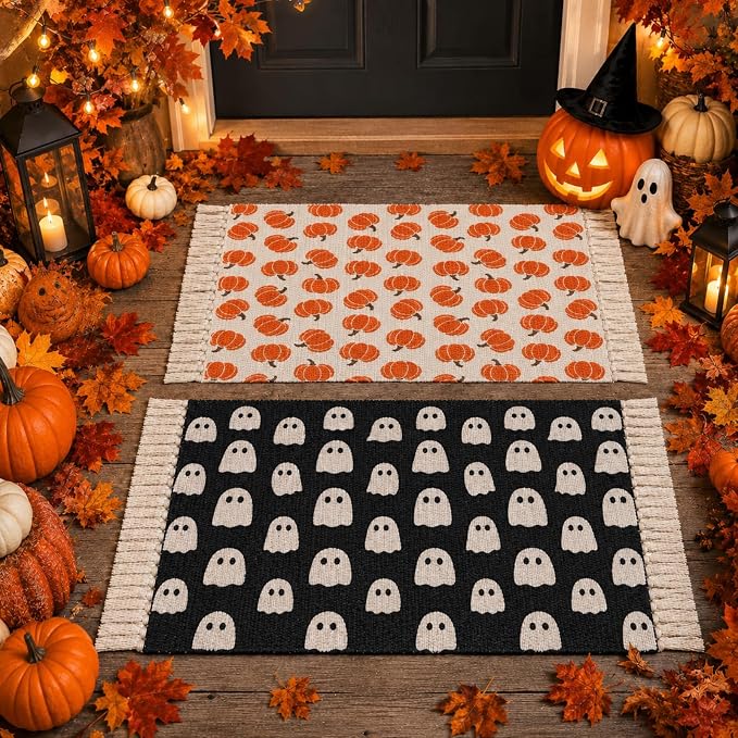 Dilunave 2 Pcs Halloween Thanksgiving Door Mat Tassels Pumpkin Ghost Rug