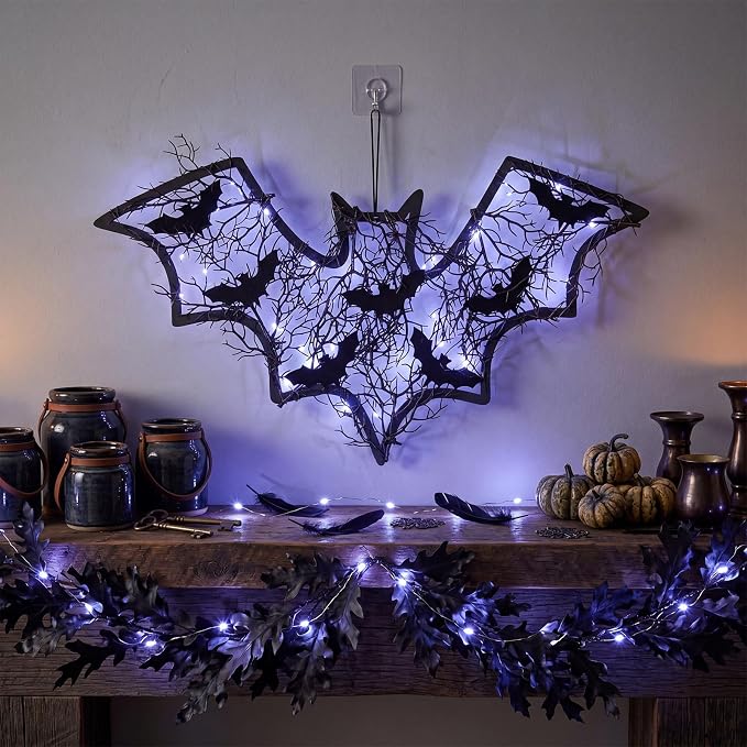 Hotop 21.6'' x 11.8'' Halloween Bat Wreath Light up Bat Door Hanging Sign - skull wreath